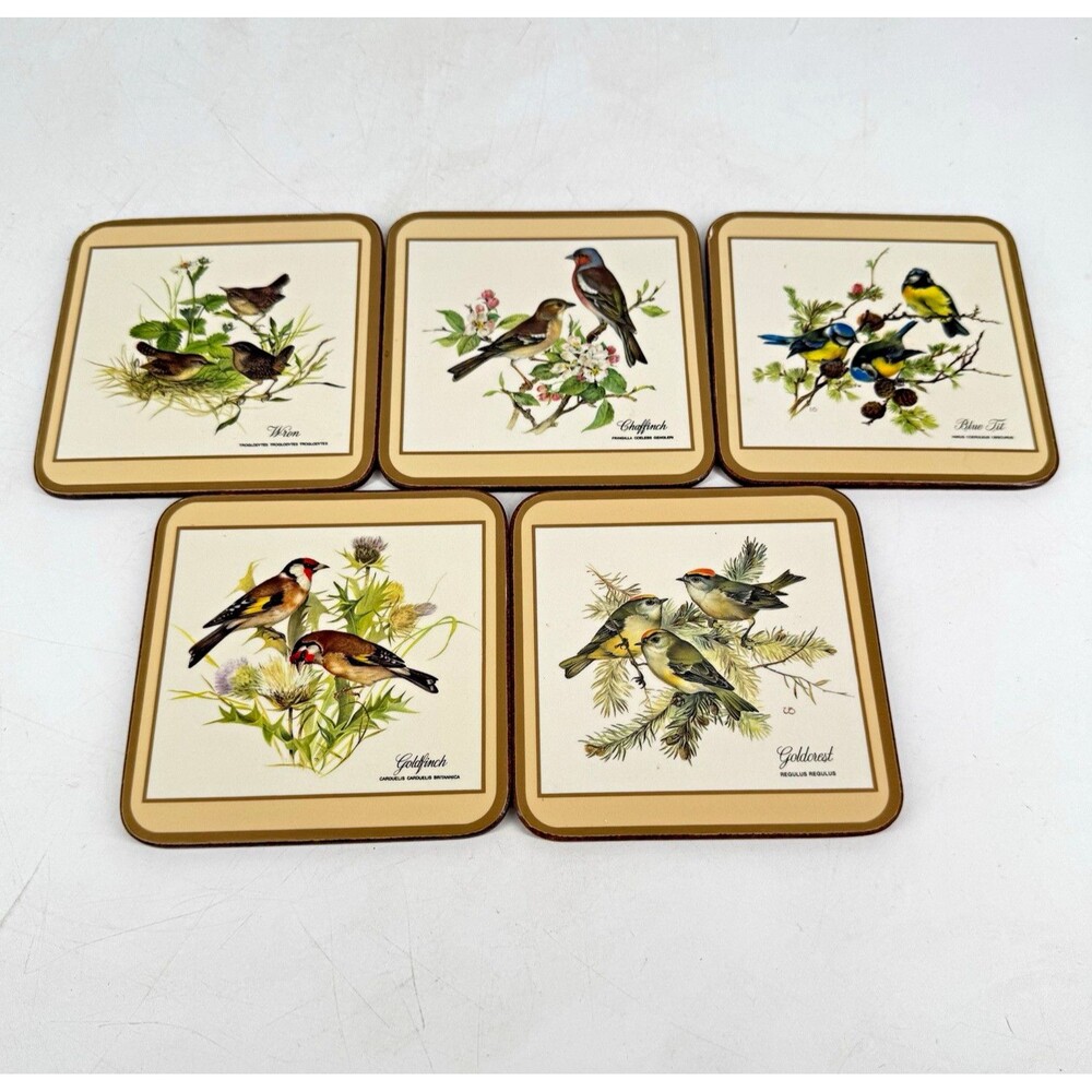 Vintage Pimpernel England Bird Coasters Set of 5 Cork Backed Goldcrest Finch